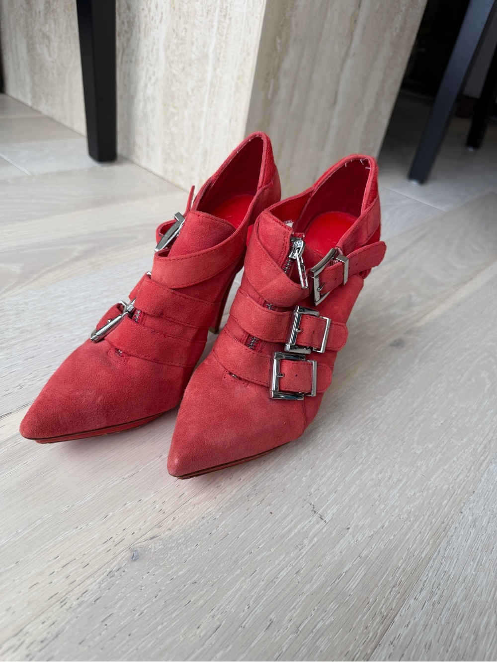 Aldo Red Suede Pointed Buckle Booties with Triple Straps
